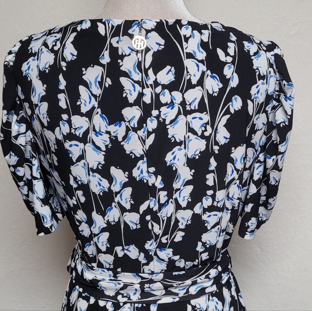 Tommy Hilfiger Women's Blue Black Floral Tie-Neck Puff Sleeve Casual Day Dress - Picture 9 of 12